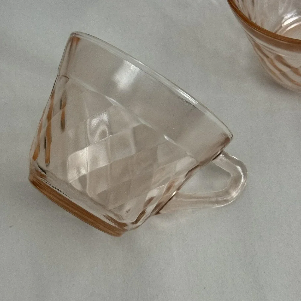 (2) Vintage Hazel Atlas‎ Glass DIAMOND OPTIC Pink Cup Teacup